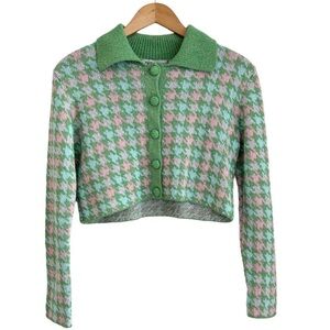 Zara Cardigan Sweater Collared Button Down Houndstooth Green Pink Knit
